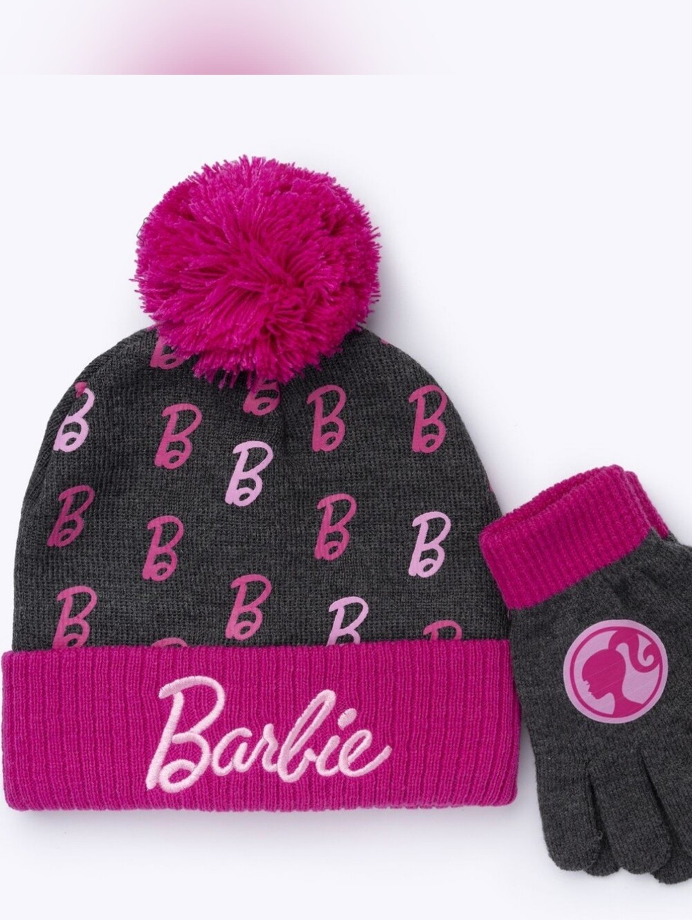 Mattel Girl's Barbie Logo 2-Piece Hat & Gloves Set Gray/Pink